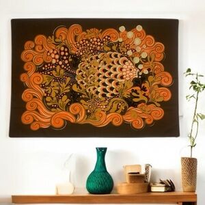 Vintage 70’s Scandinavian Screen Printed Tapestry With Fish Graphic